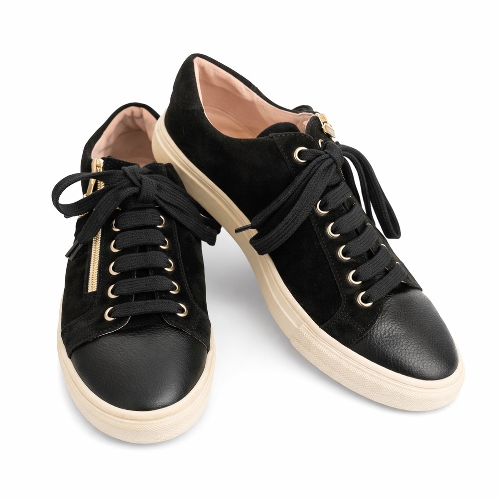 Sole Bliss Italian Black Leather Suede Sneakers Side Zip Comfort Shoes Women